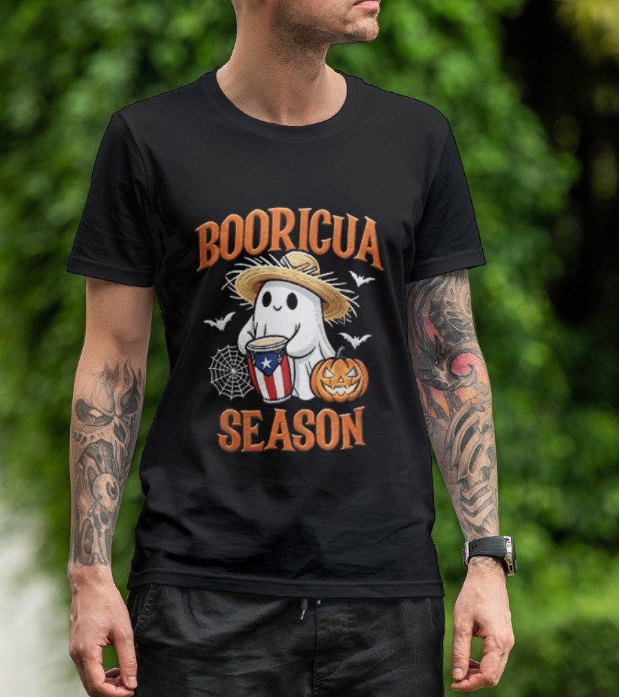 Booricua Season Ghost With Puerto Rico Flag Conga And Pumpkin T-Shirt