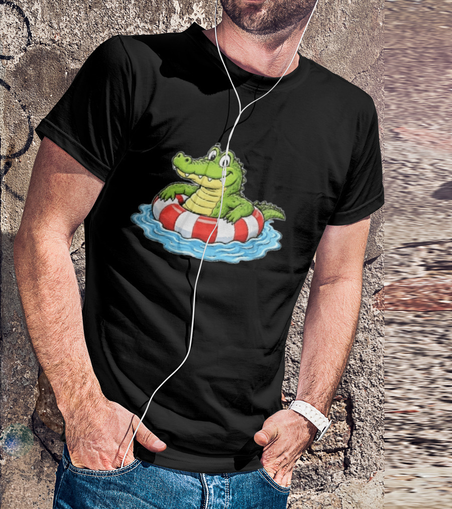 Cartoon Crocodile Relaxing In Red And White Life Buoy On Water T-Shirt