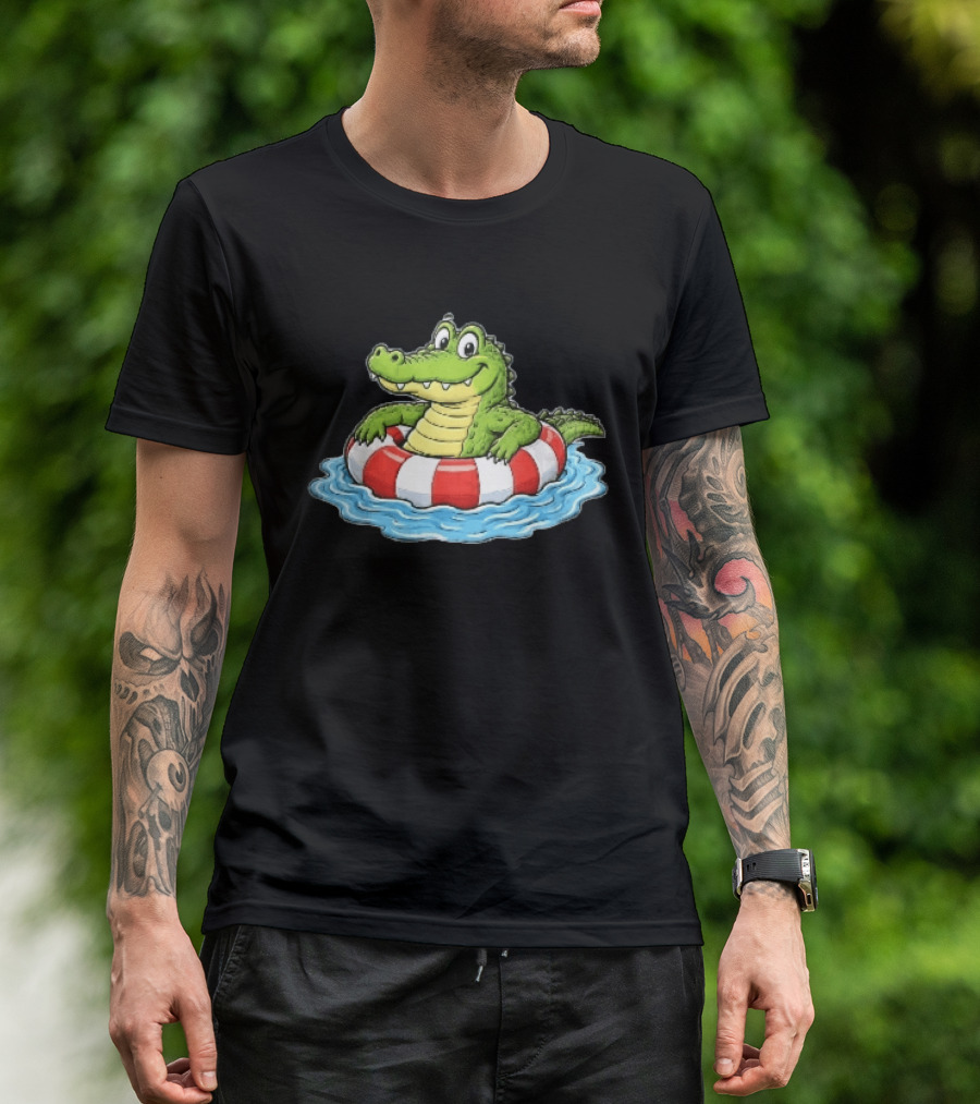 Cartoon Crocodile Relaxing In Red And White Life Buoy On Water T-Shirt