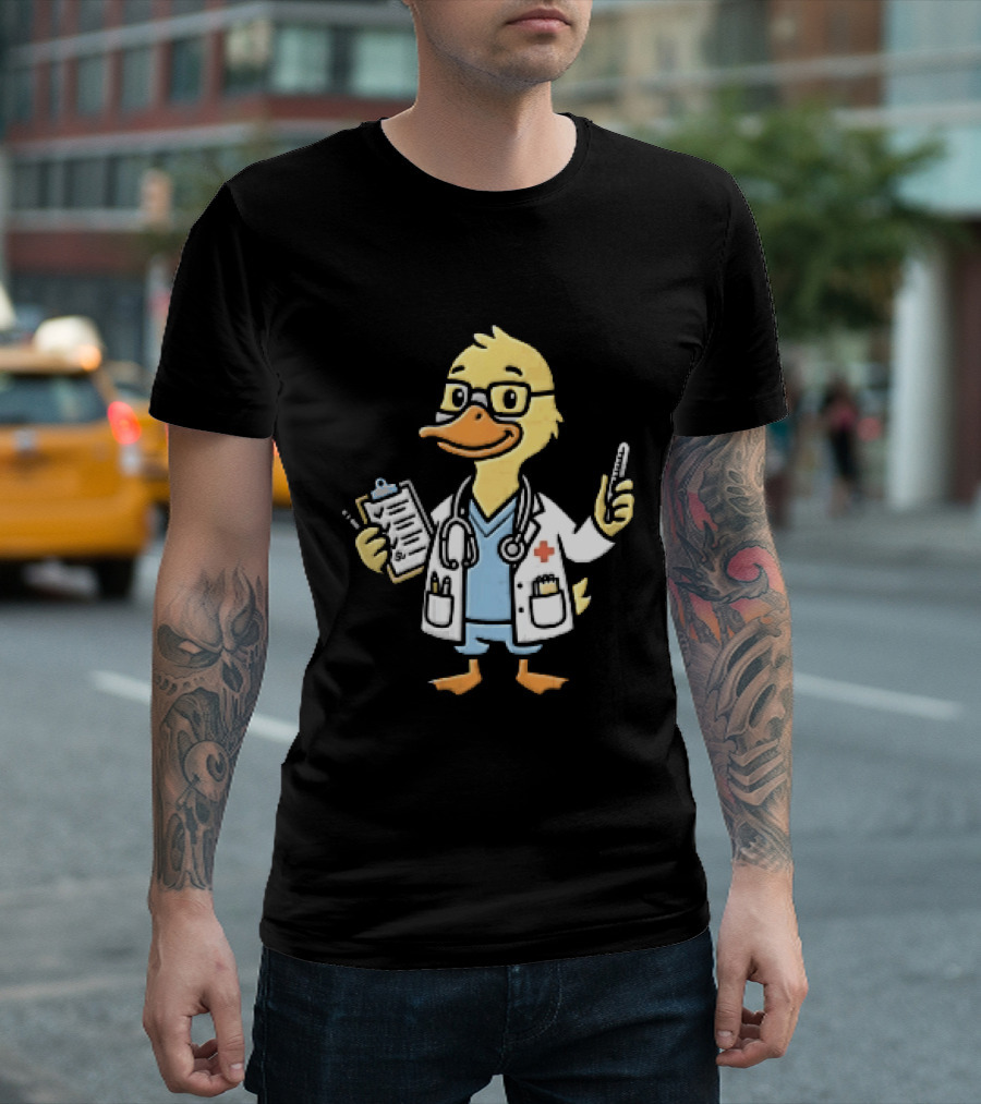 Cartoon Yellow Duck Doctor With Stethoscope Thermometer And Clipboard T-Shirt
