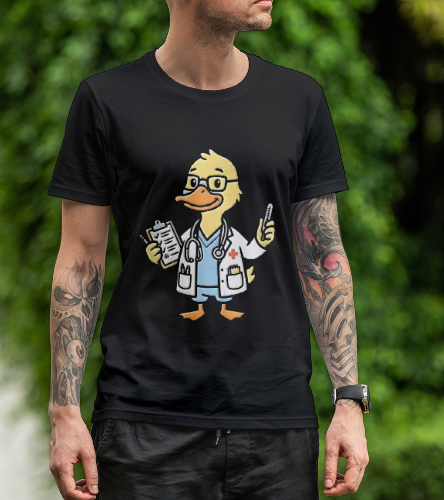 Cartoon Yellow Duck Doctor With Stethoscope Thermometer And Clipboard T-Shirt