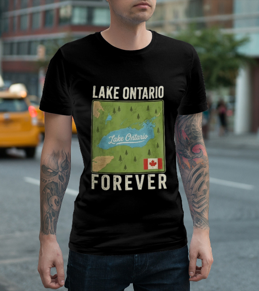 Lake Ontario Forever Distressed Map With Canadian Flag And Pine Trees T-Shirt