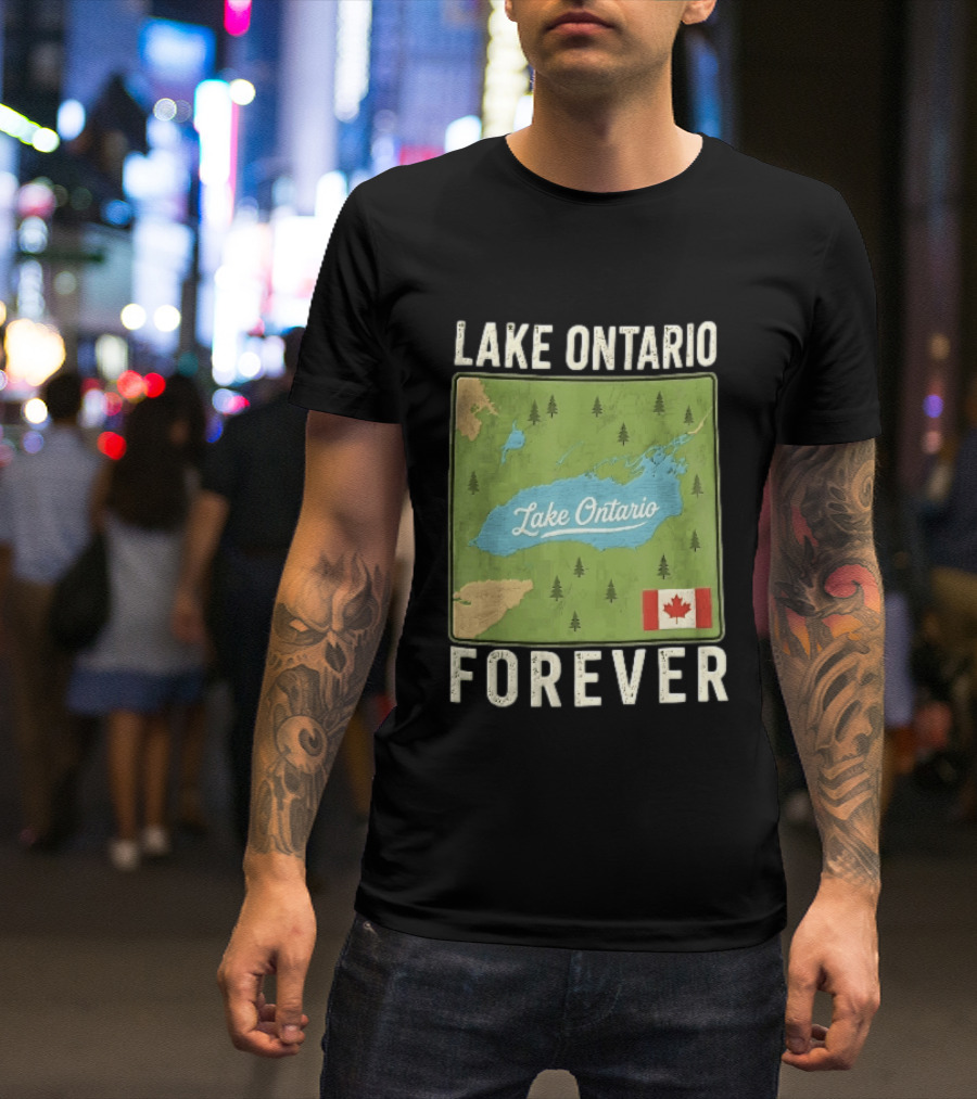 Lake Ontario Forever Distressed Map With Canadian Flag And Pine Trees T-Shirt