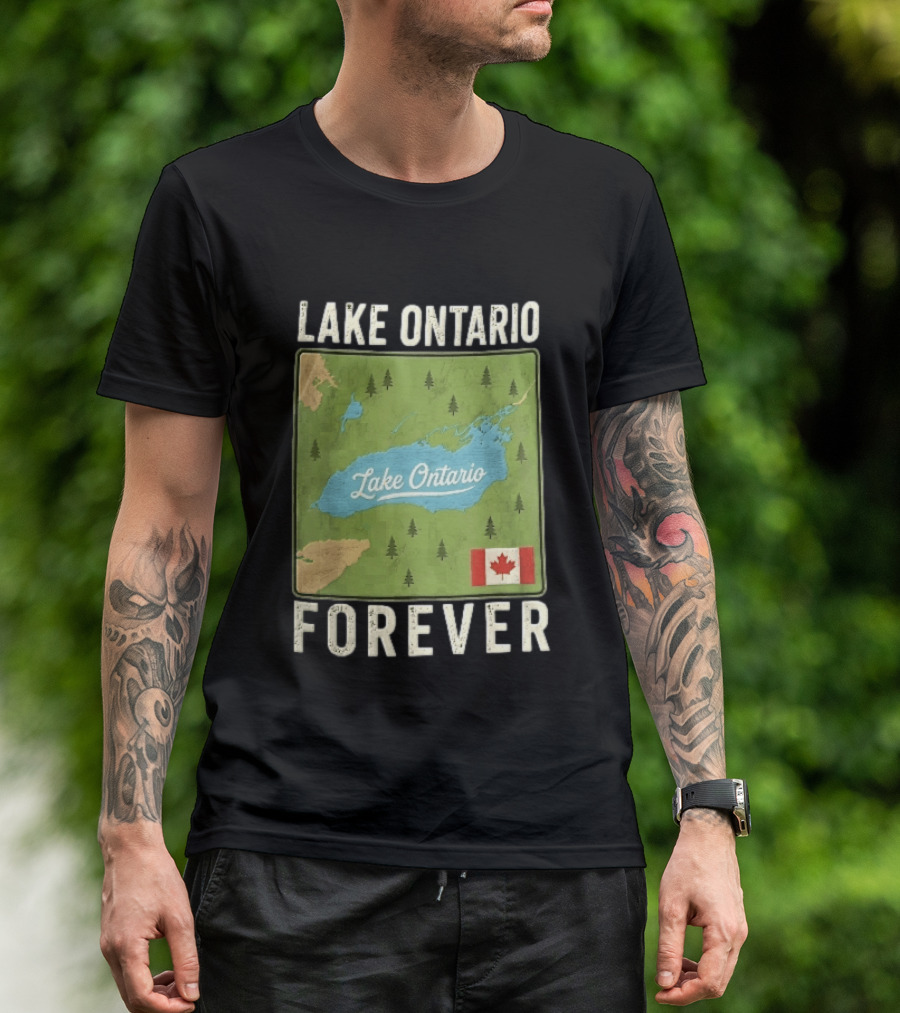 Lake Ontario Forever Distressed Map With Canadian Flag And Pine Trees T-Shirt