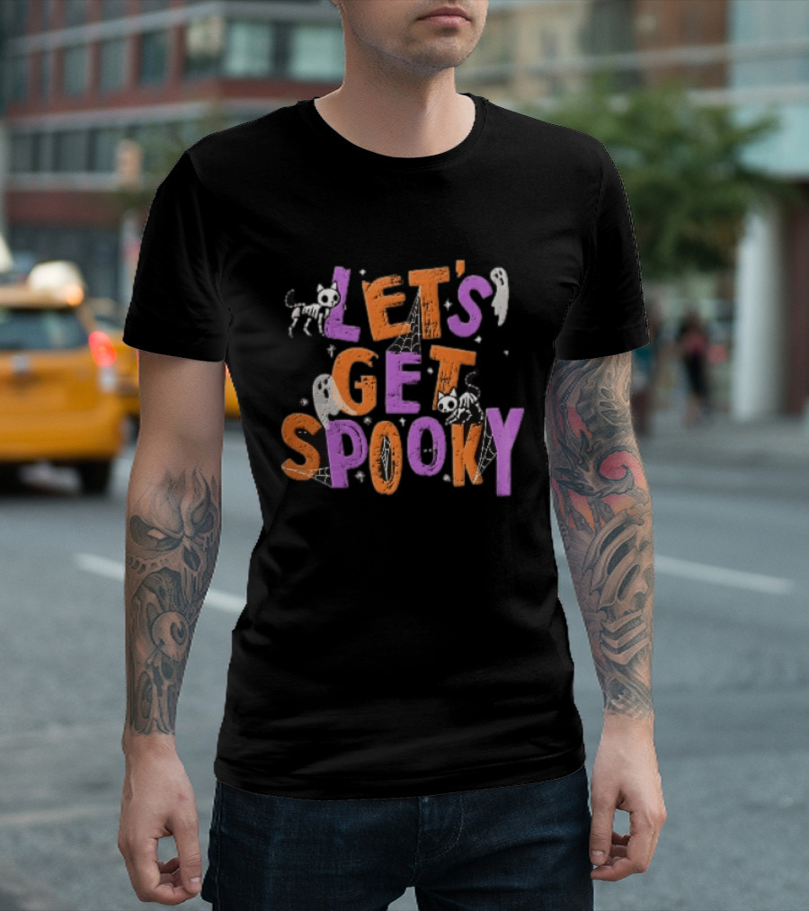 Let's Get Spooky Skeleton Cats Ghosts Spiderwebs Halloween T-Shirt