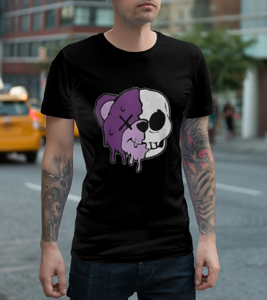 Dripping Purple Teddy Bear Skull Split Face Cartoon T-Shirt