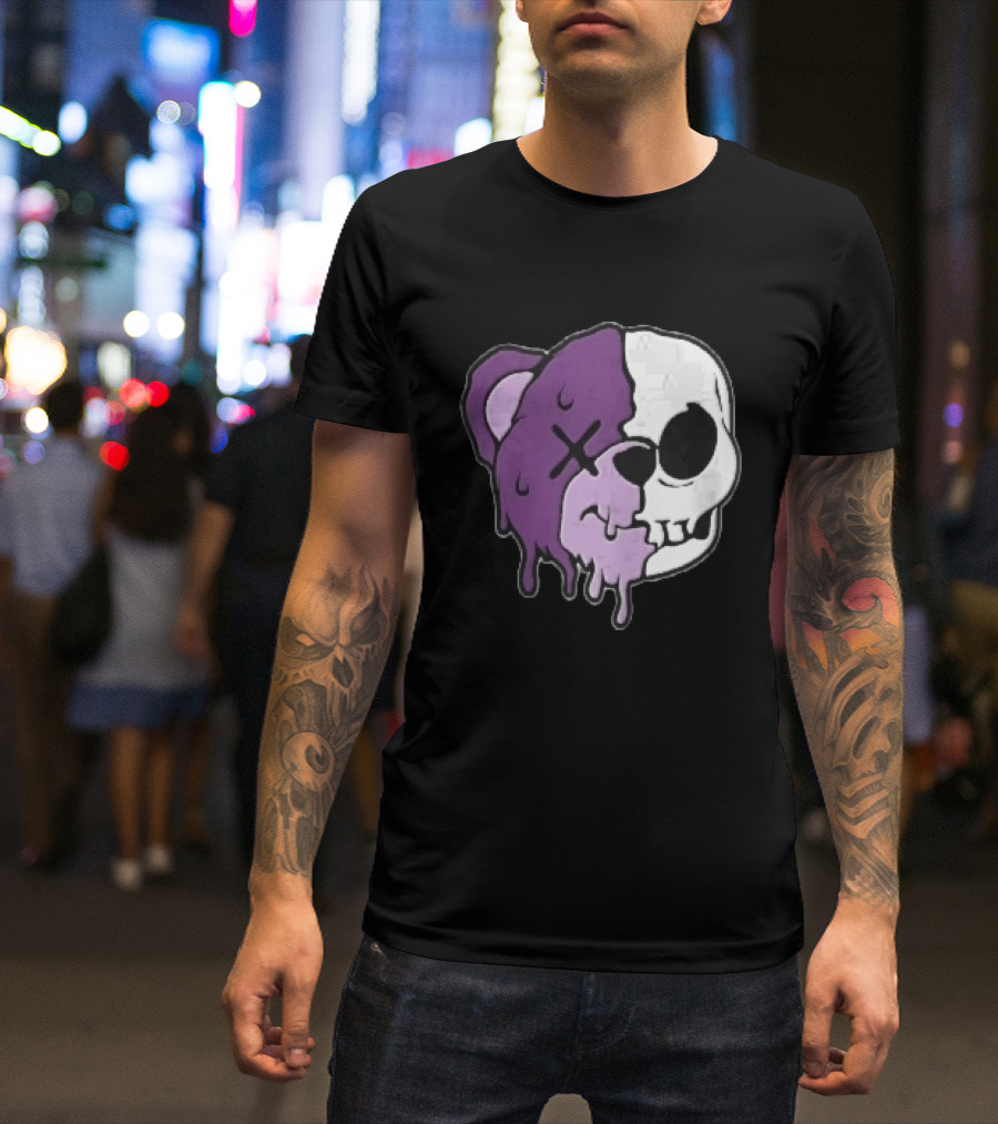 Dripping Purple Teddy Bear Skull Split Face Cartoon T-Shirt
