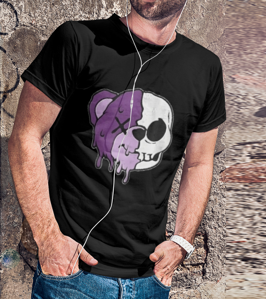 Dripping Purple Teddy Bear Skull Split Face Cartoon T-Shirt