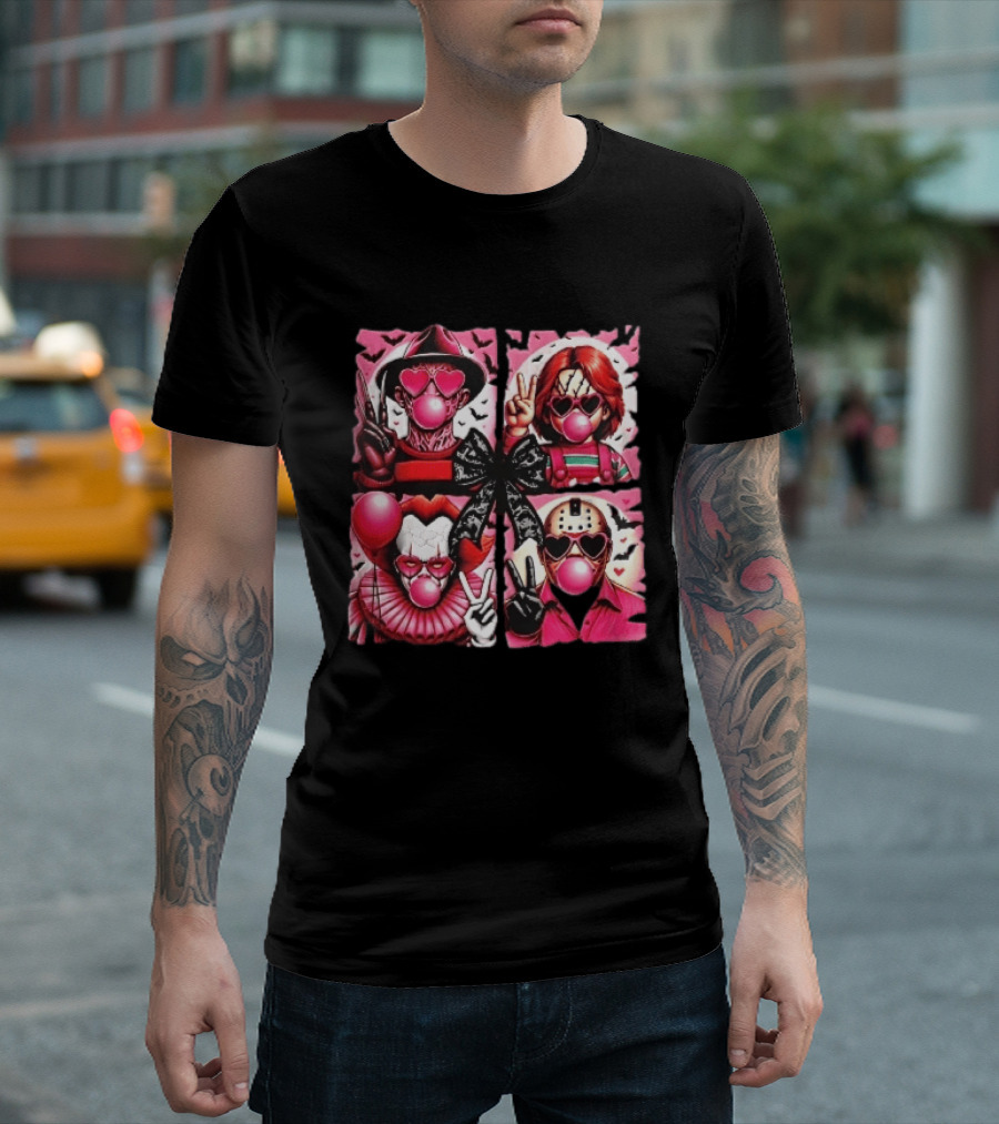 Heart Sunglasses Bubblegum Horror Villains With Peace Signs And Lace Bow T-Shirt