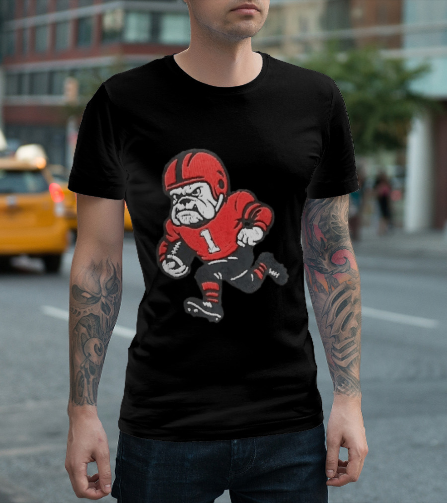Georgia Bulldogs NCAA Cartoon Running Football Player Red Helmet Jersey Number 1 T-Shirt