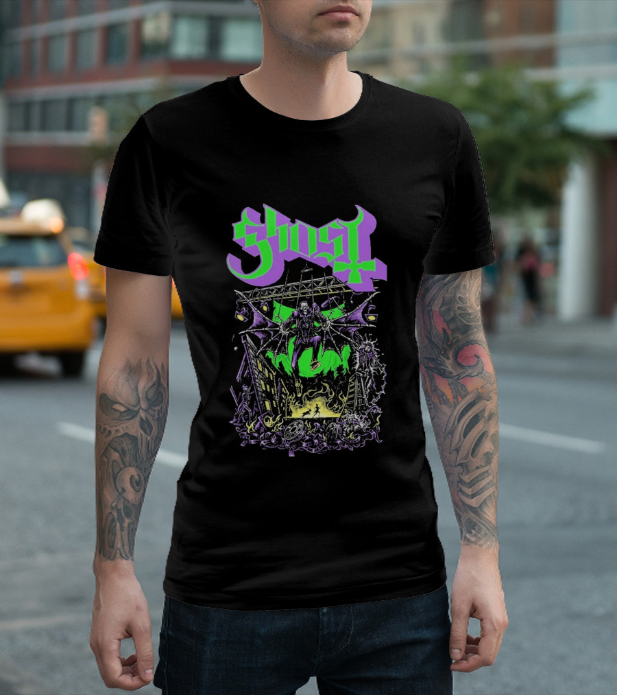 Ghost 2 Big To Rig Cursed Production Artwork With Bat Wings And Fire Scene T-Shirt