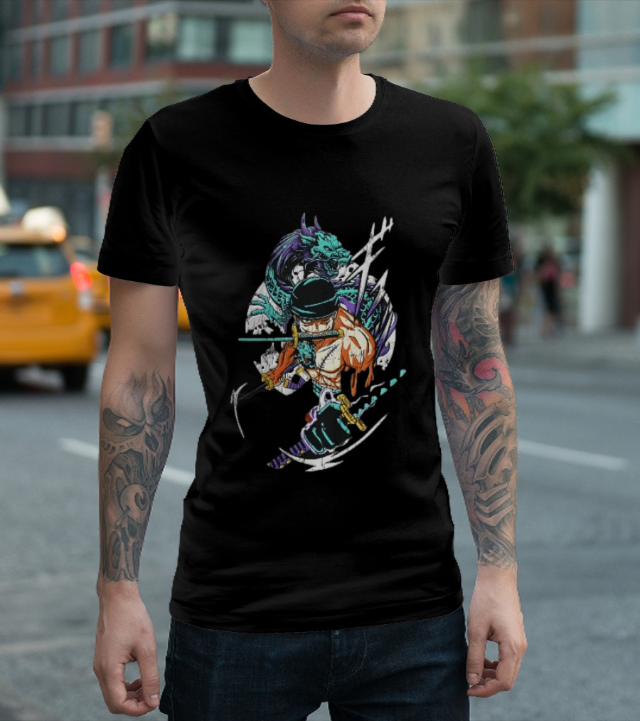 Three Sword Anime Fighter Green Dragon Warrior Distressed T-Shirt