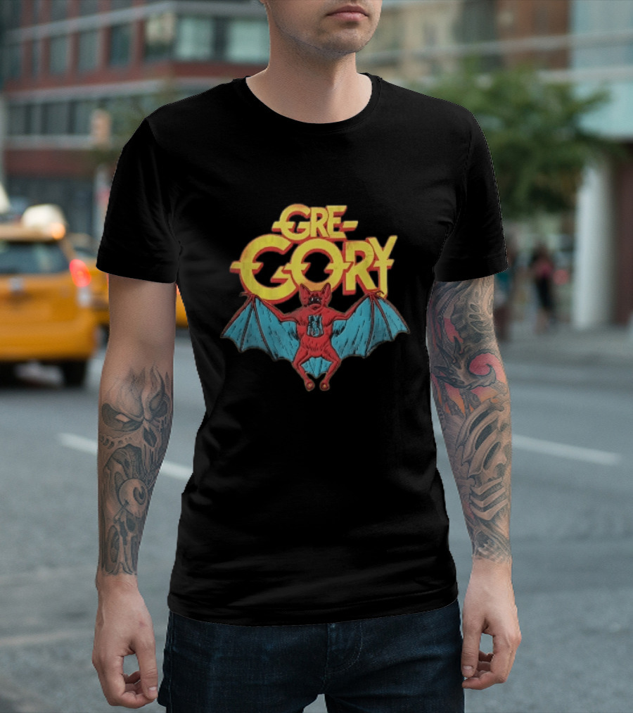 Gre Gory Screeching Red Bat Blue Wings Cartoon T-Shirt