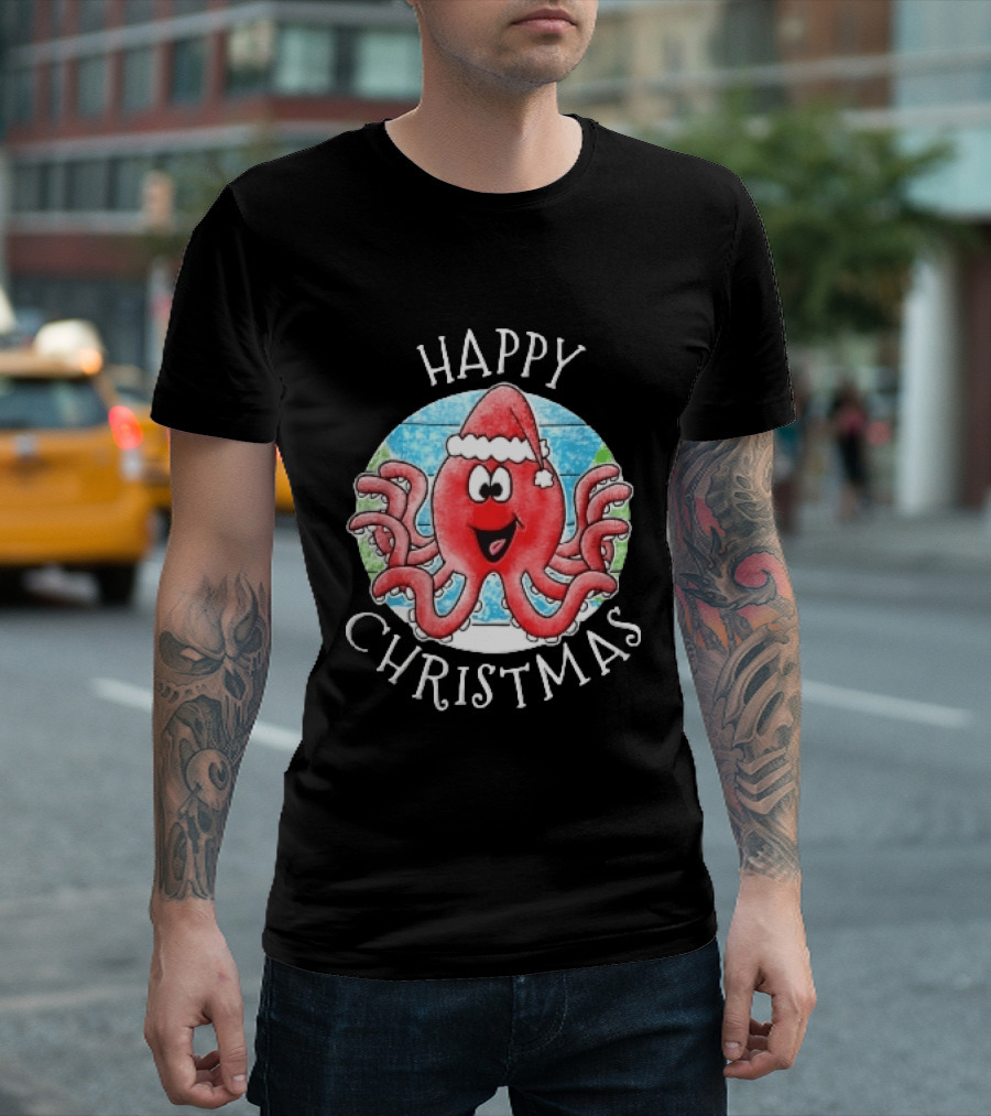 Happy Christmas Red Octopus Santa Hat Ocean Scene T-Shirt