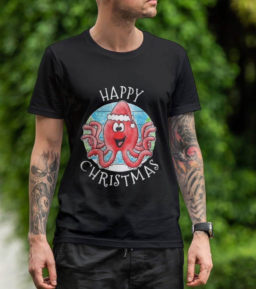 Happy Christmas Red Octopus Santa Hat Ocean Scene T-Shirt