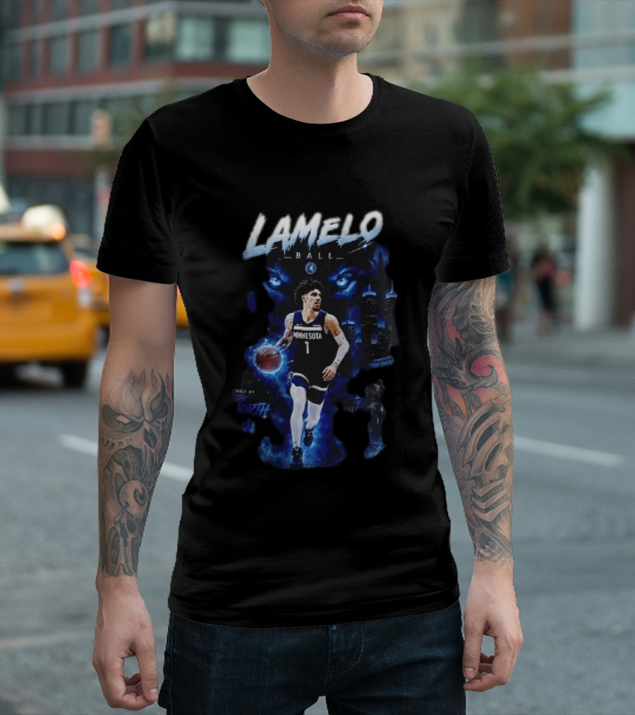 Minnesota Timberwolves Built By The North Lamelo Ball Dribbling Glowing Eyes Skyline T-Shirt