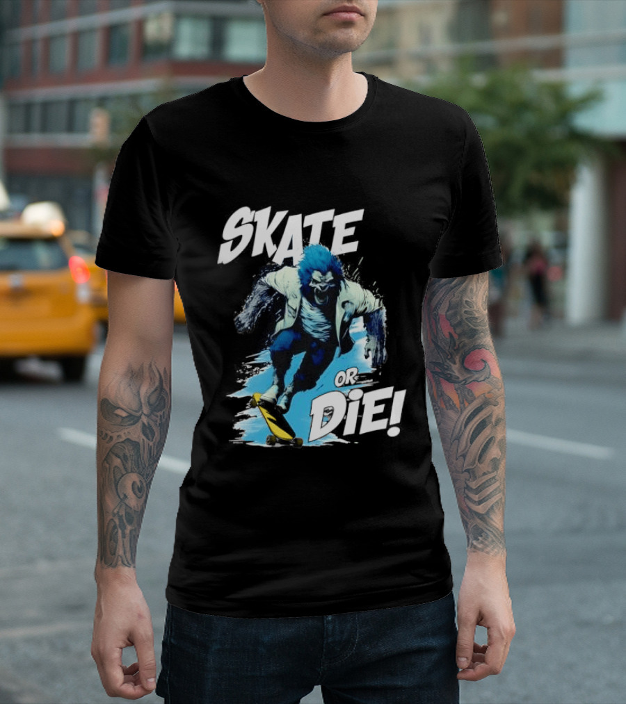 Skate Or Die Wolfy Classic Blue Werewolf Skateboarding T-Shirt