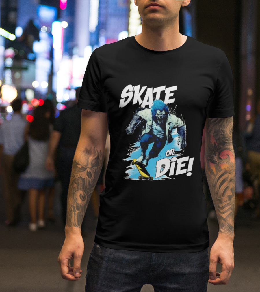 Skate Or Die Wolfy Classic Blue Werewolf Skateboarding T-Shirt