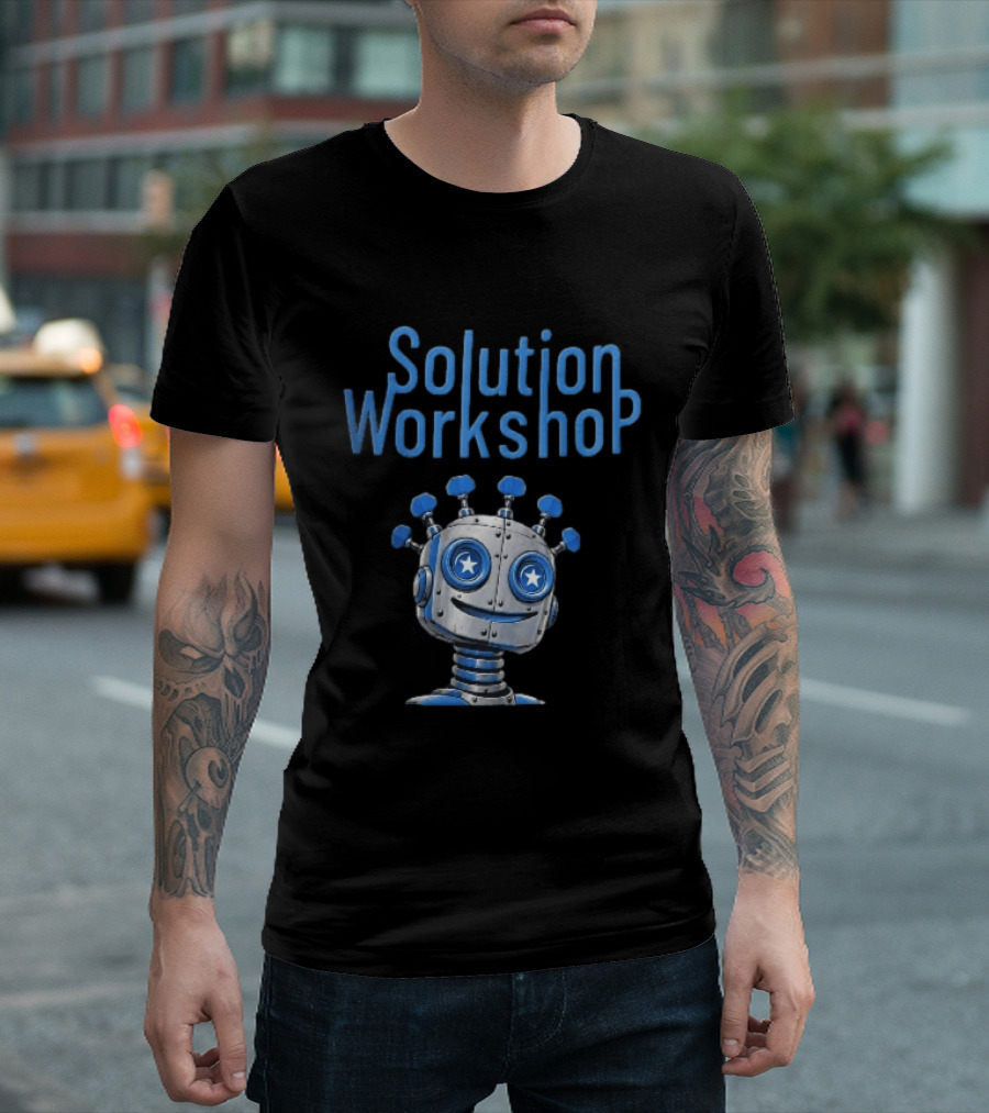 Solution Workshop Cartoon Metallic Robot Head With Star Eyes And Guitar Tuning Pegs T-Shirt