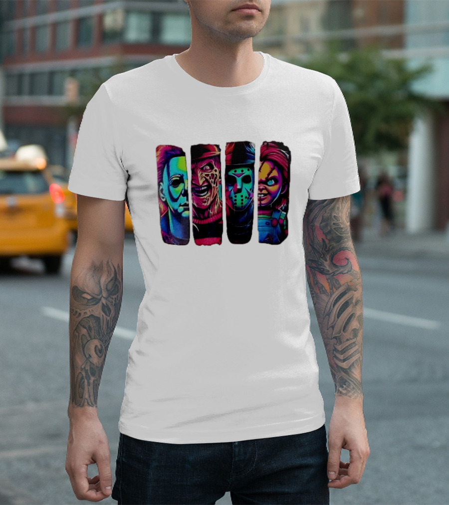Fluorescent Horror Movie Slasher Faces Vertical Panels T-Shirt