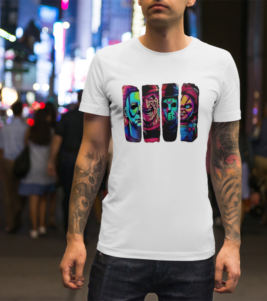 Fluorescent Horror Movie Slasher Faces Vertical Panels T-Shirt
