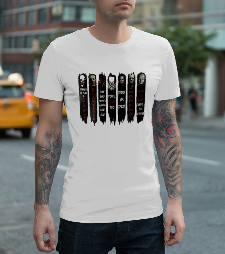 I Want To Play A Game Clarice You'll Float Too Trick Or Treat Horror Movie Villains Banners T-Shirt