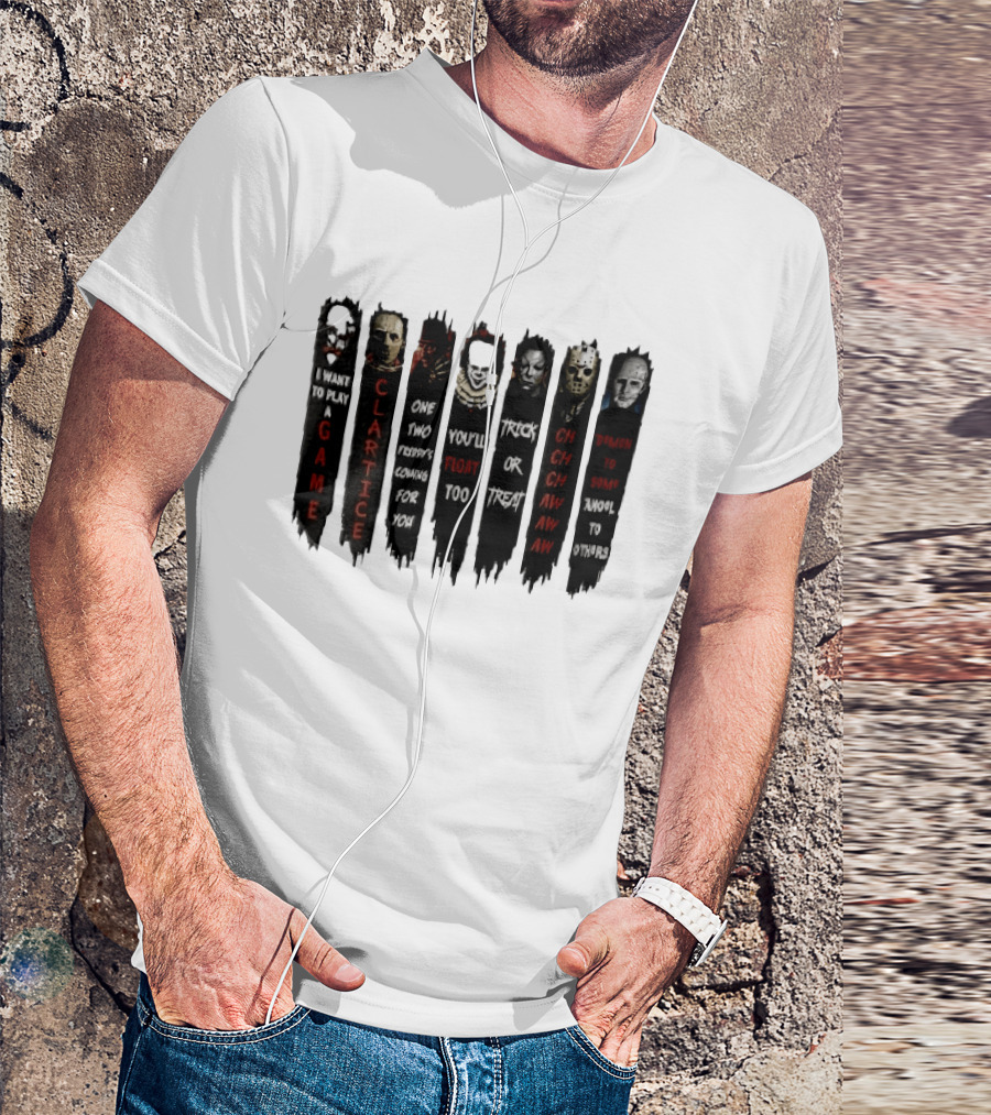 I Want To Play A Game Clarice You'll Float Too Trick Or Treat Horror Movie Villains Banners T-Shirt