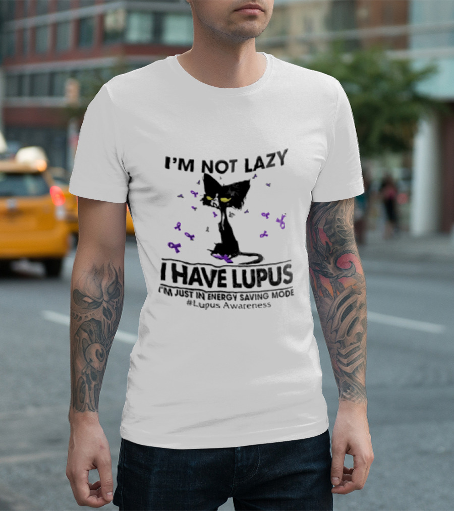 I'm Not Lazy I Have Lupus Energy Saving Mode Lupus Awareness Cat With Purple Ribbons T-Shirt
