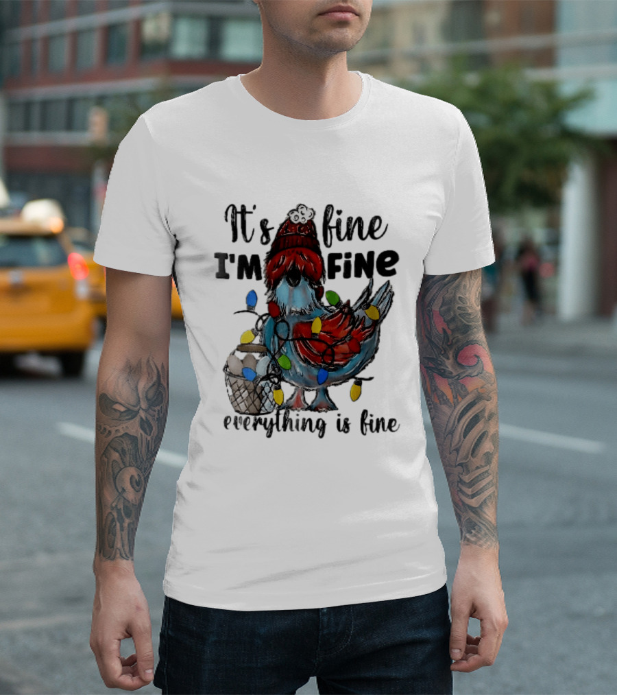 It's Fine I'm Fine Everything Is Fine Cartoon Chicken Tangled Christmas Lights T-Shirt