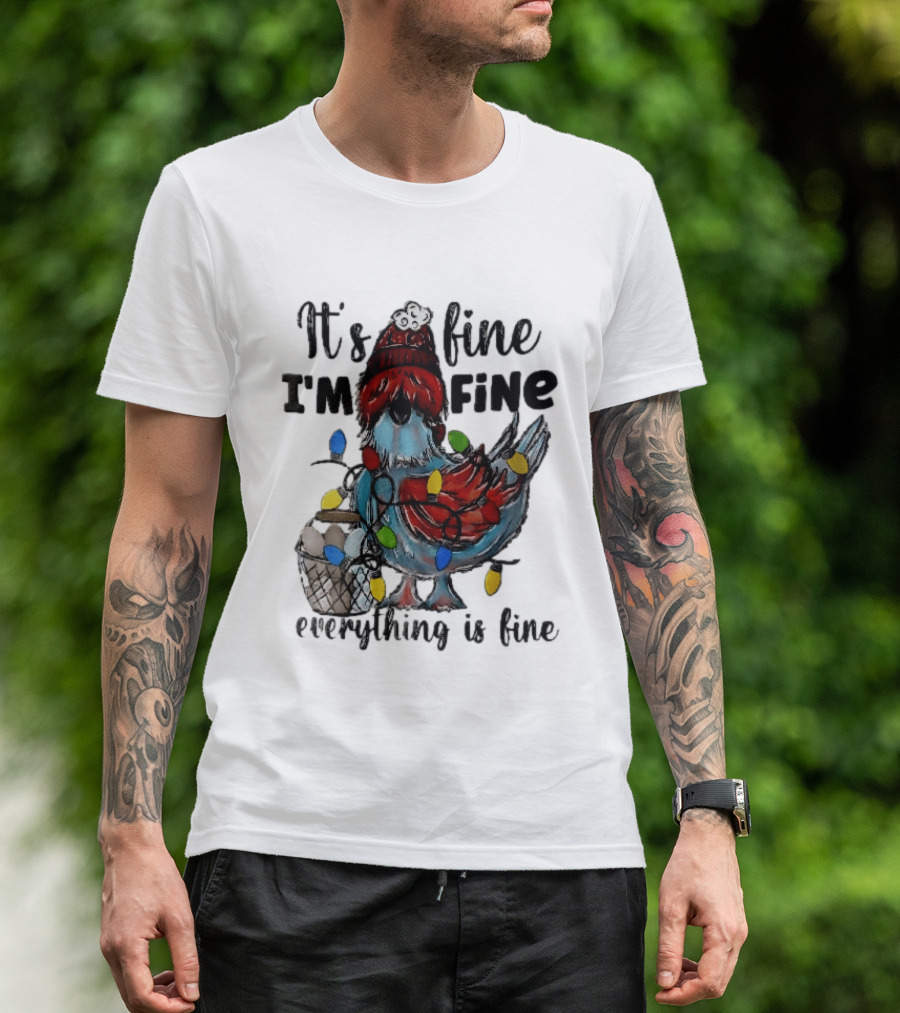 It's Fine I'm Fine Everything Is Fine Cartoon Chicken Tangled Christmas Lights T-Shirt