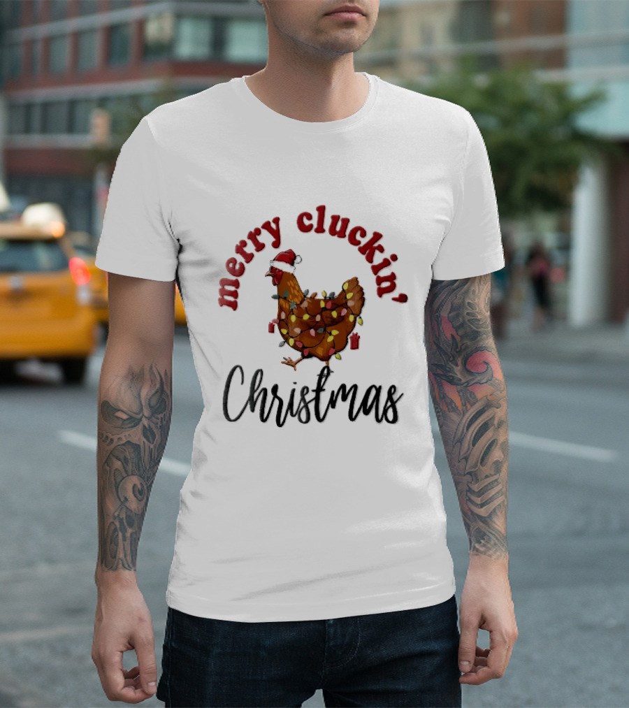 Merry Cluckin Christmas Chicken Santa Hat Colorful String Lights T-Shirt