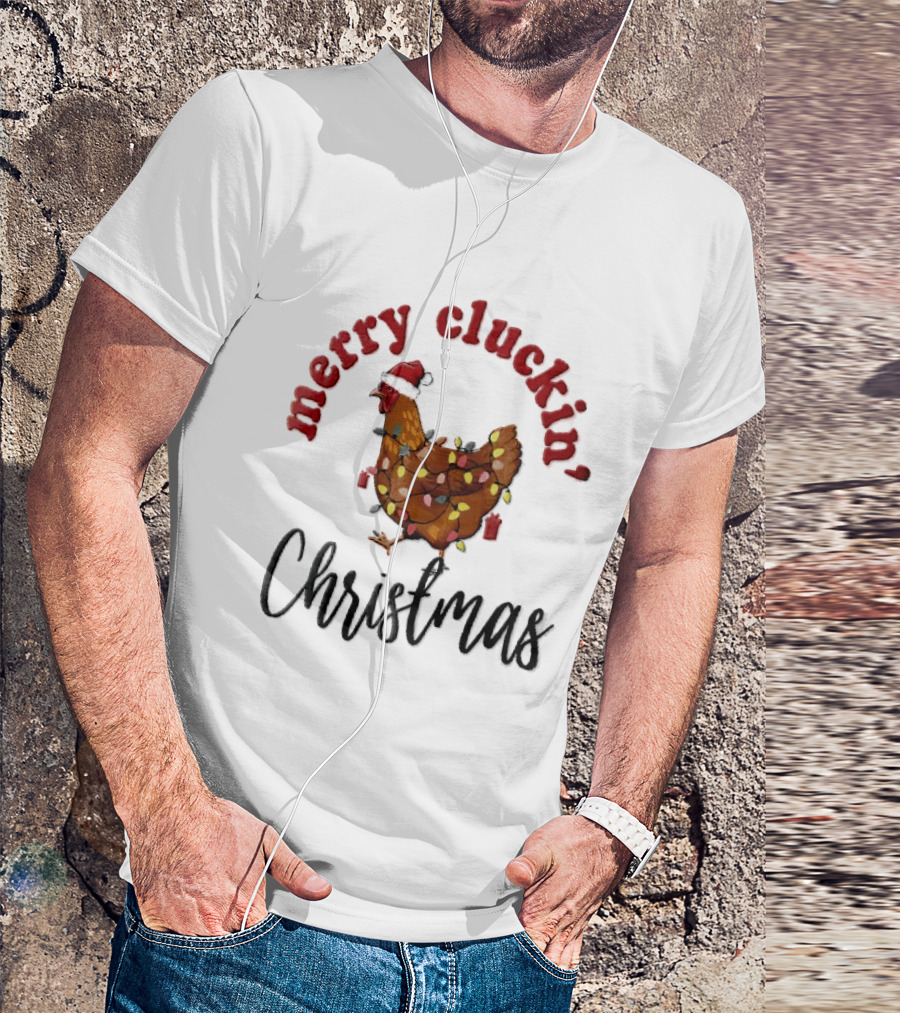 Merry Cluckin Christmas Chicken Santa Hat Colorful String Lights T-Shirt
