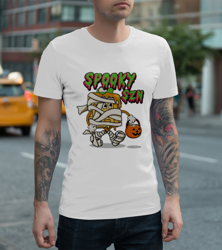 Spooky SZN Halloween 2026 Wrapped Waffle Monster With Pumpkin Bucket T-Shirt