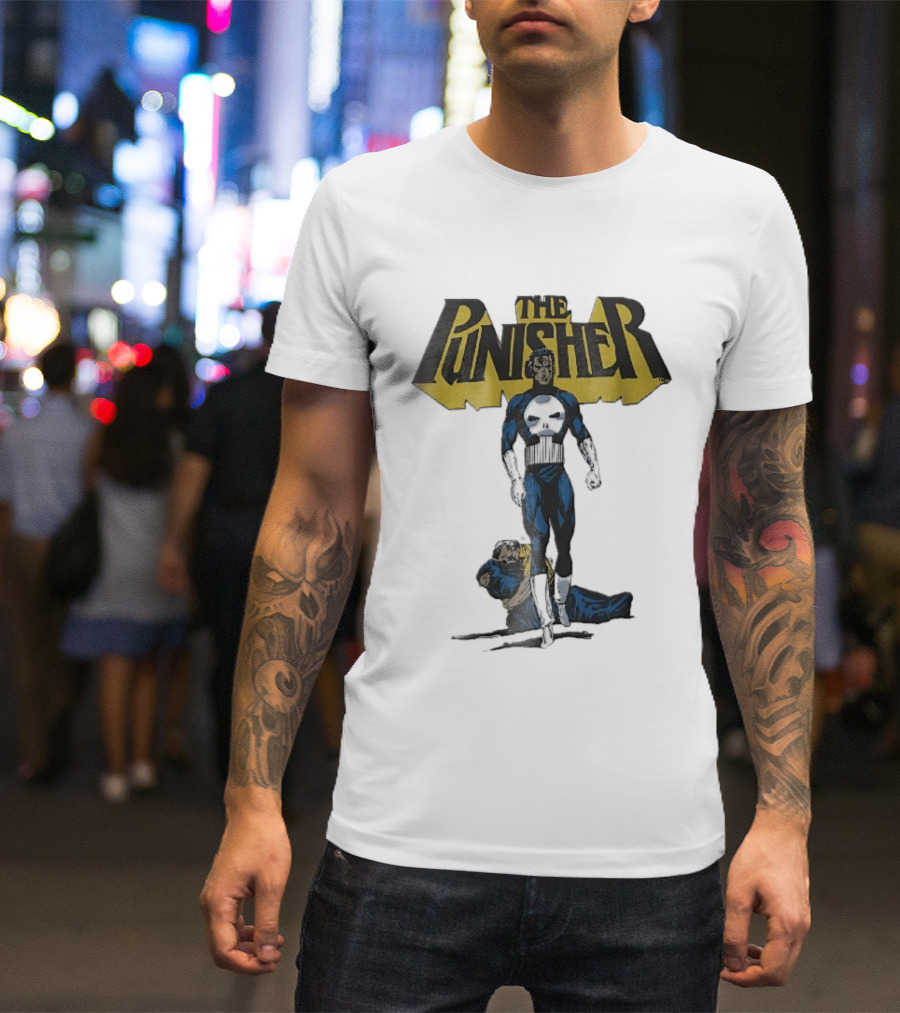 The Punisher Superhero Skull Comic Walking Scene With Defeated Man T-Shirt