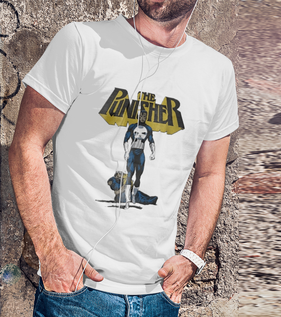The Punisher Superhero Skull Comic Walking Scene With Defeated Man T-Shirt