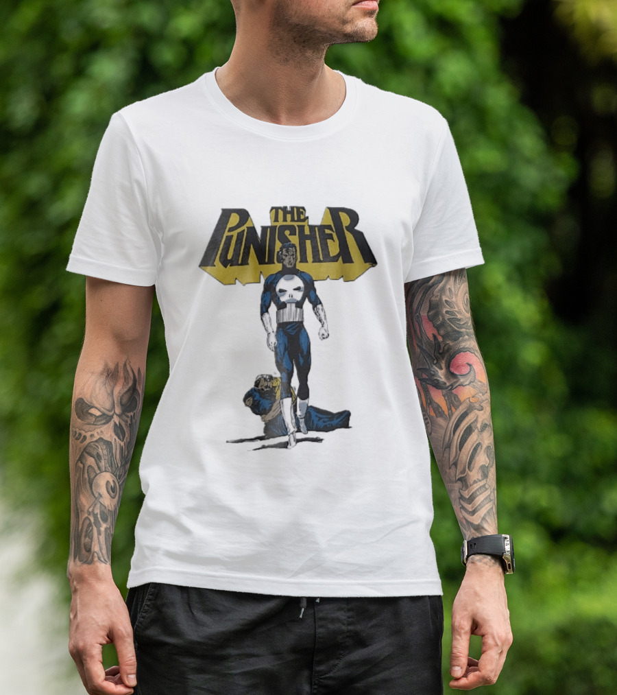 The Punisher Superhero Skull Comic Walking Scene With Defeated Man T-Shirt