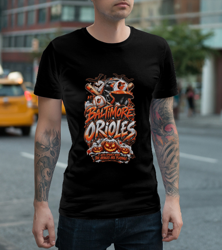 Baltimore Orioles MLB It Gets Spooky When They Are Playing Halloween Pumpkins Baseball T-Shirt