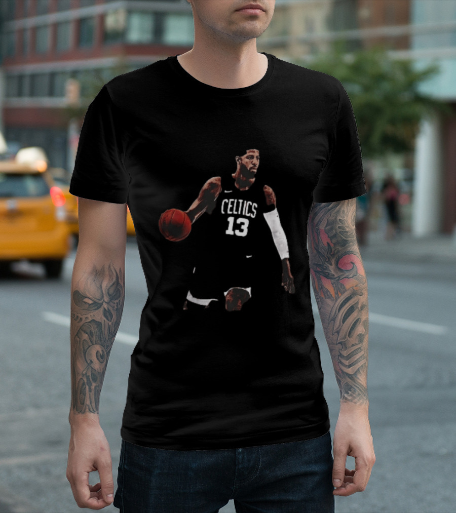 Boston Celtics 13 Bearded Basketball Player Dribbling Dark T-Shirt