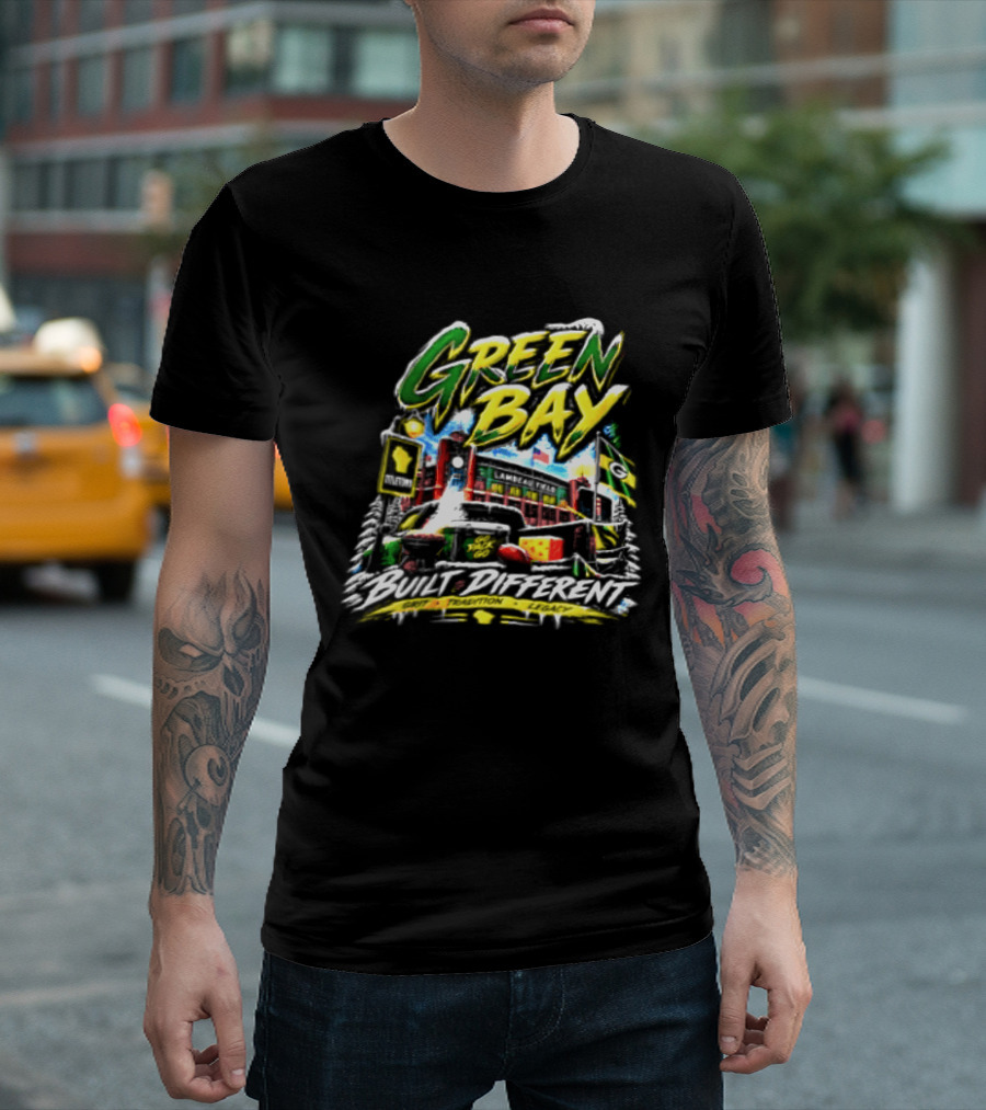 Green Bay Packers Built Different Grit Tradition Legacy Scenic Cheesehead Cityscape T-Shirt