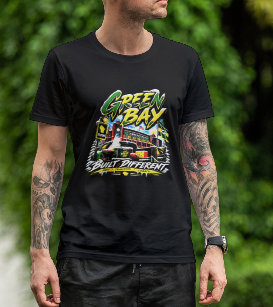Green Bay Packers Built Different Grit Tradition Legacy Scenic Cheesehead Cityscape T-Shirt