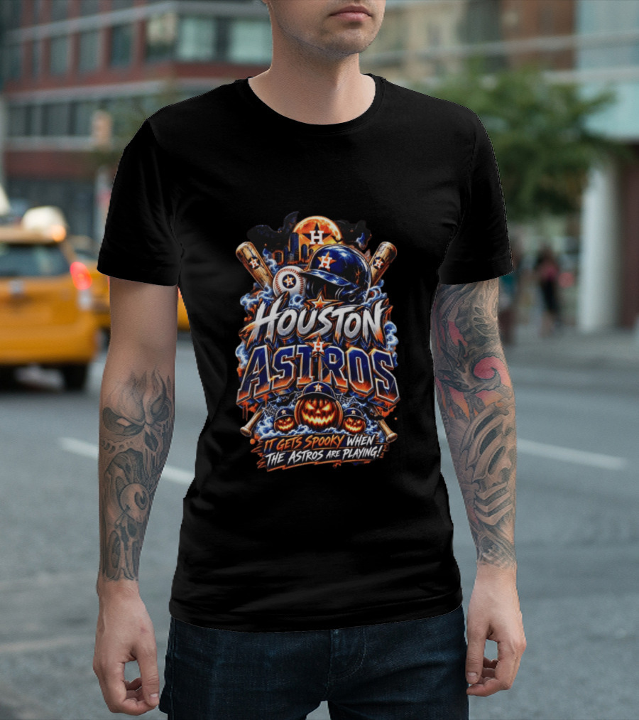 Houston Astros Halloween Spooky Theme With Pumpkins And Bats T-Shirt