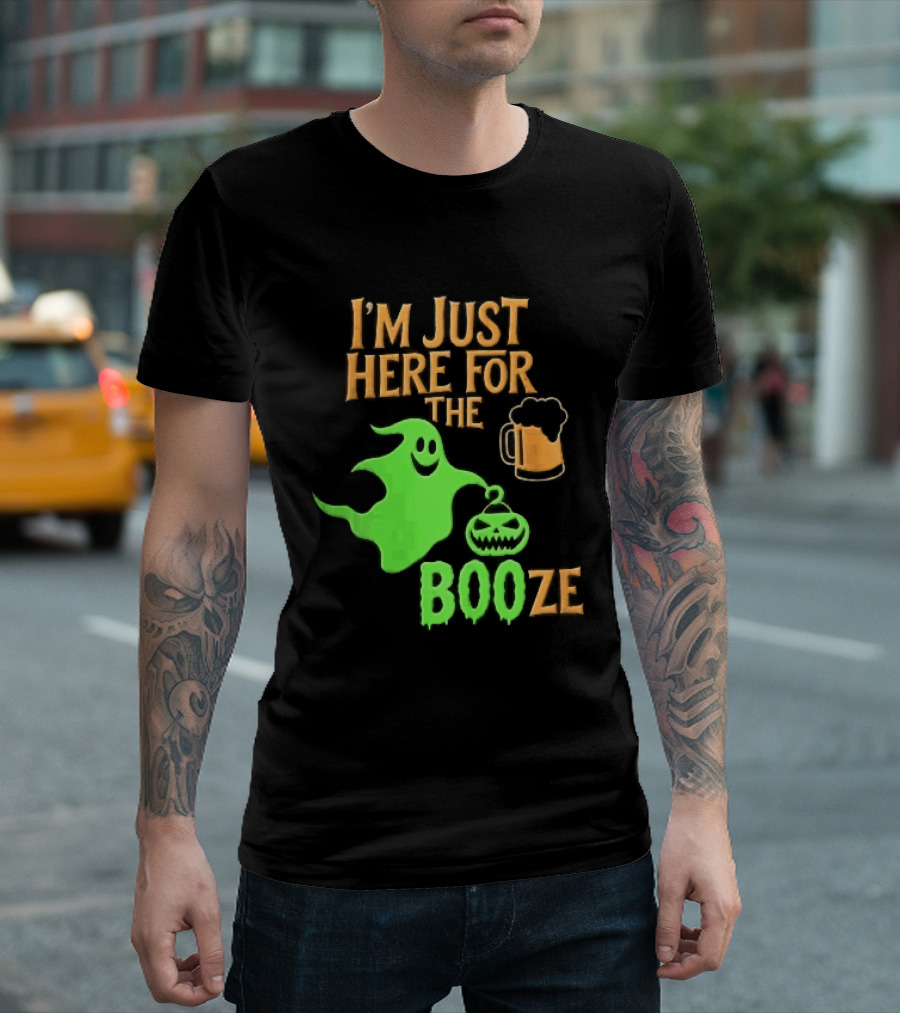 I'm Just Here For The Booze Green Ghost Pumpkin Lantern Beer T-Shirt