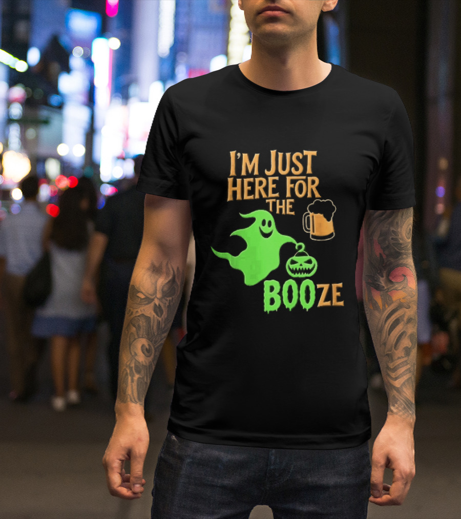 I'm Just Here For The Booze Green Ghost Pumpkin Lantern Beer T-Shirt