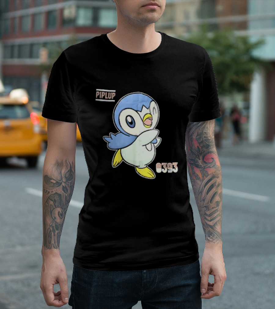 Piplup 0393 Cartoon Penguin Waving Paper Crease Sticker Yellow Feet T-Shirt