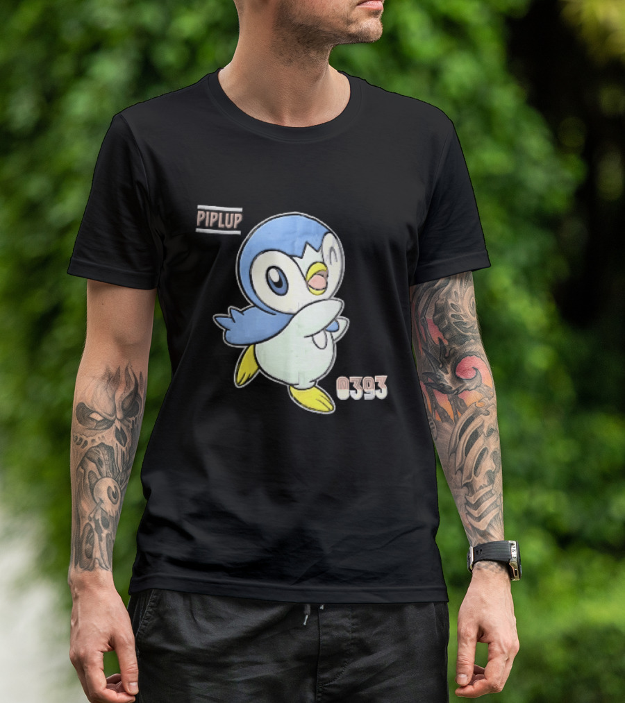 Piplup 0393 Cartoon Penguin Waving Paper Crease Sticker Yellow Feet T-Shirt