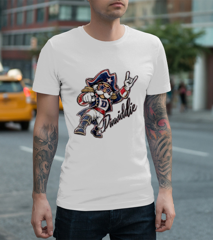 Dinwiddie Generals Cartoon Patriot Star Glasses Pointing Hand Dinwiddie T-Shirt
