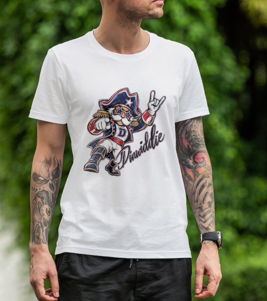 Dinwiddie Generals Cartoon Patriot Star Glasses Pointing Hand Dinwiddie T-Shirt