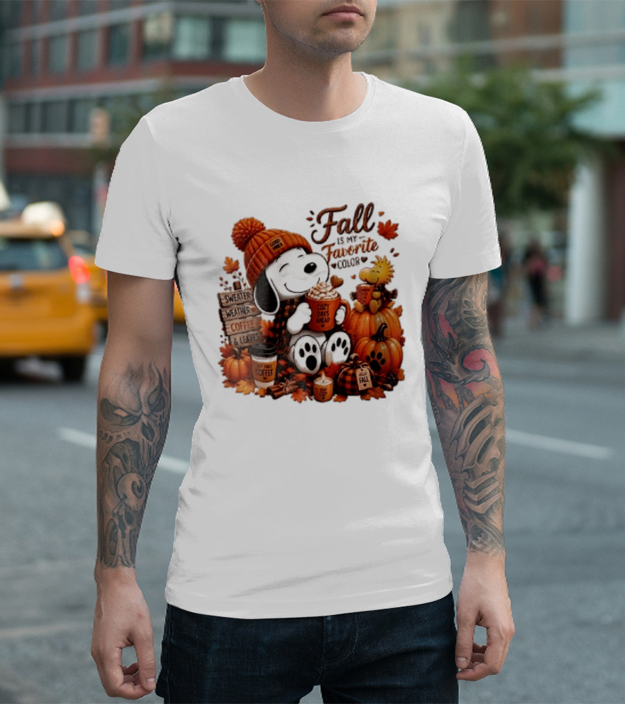 Fall Is My Favorite Color Sweater Weather Coffee Leaves Cozy Days Cartoon Dog Bird Pumpkins T-Shirt