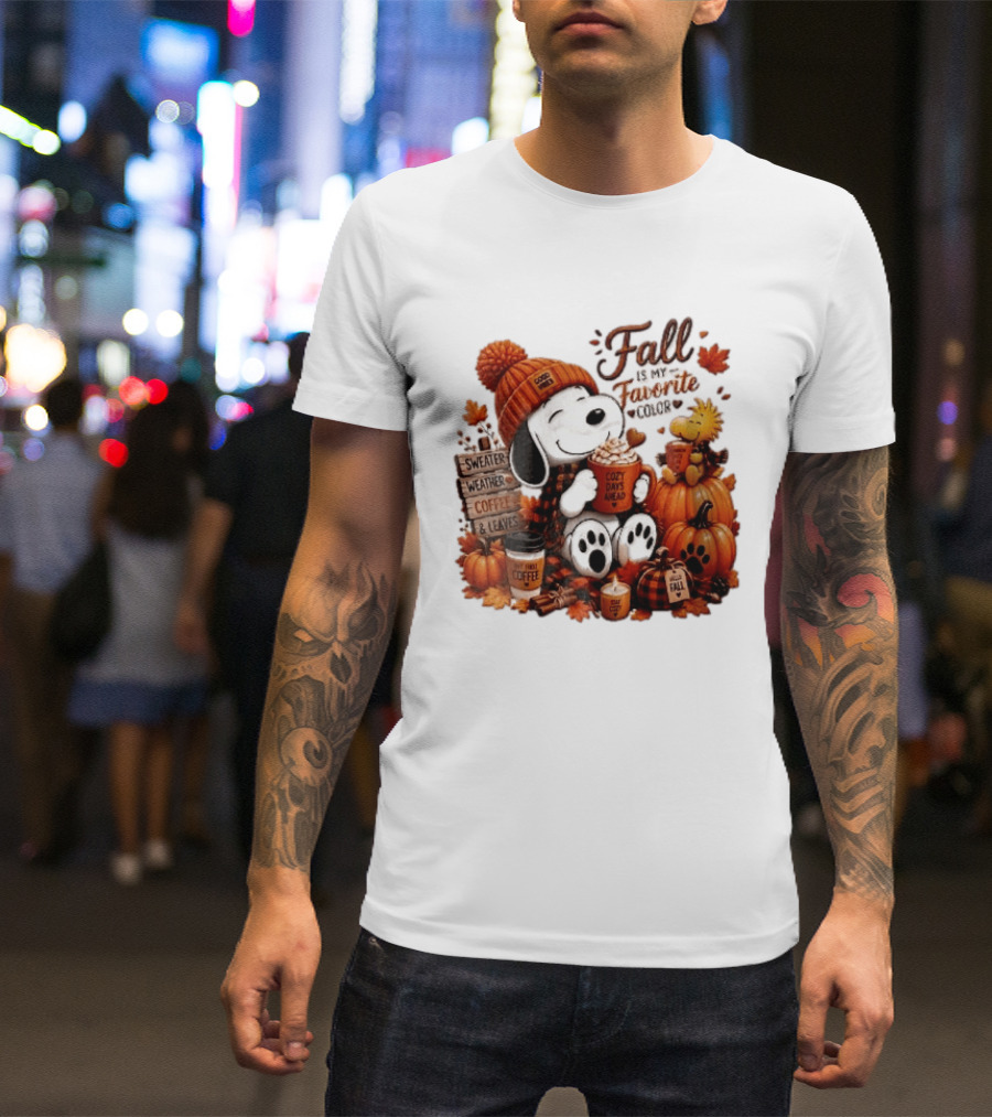 Fall Is My Favorite Color Sweater Weather Coffee Leaves Cozy Days Cartoon Dog Bird Pumpkins T-Shirt