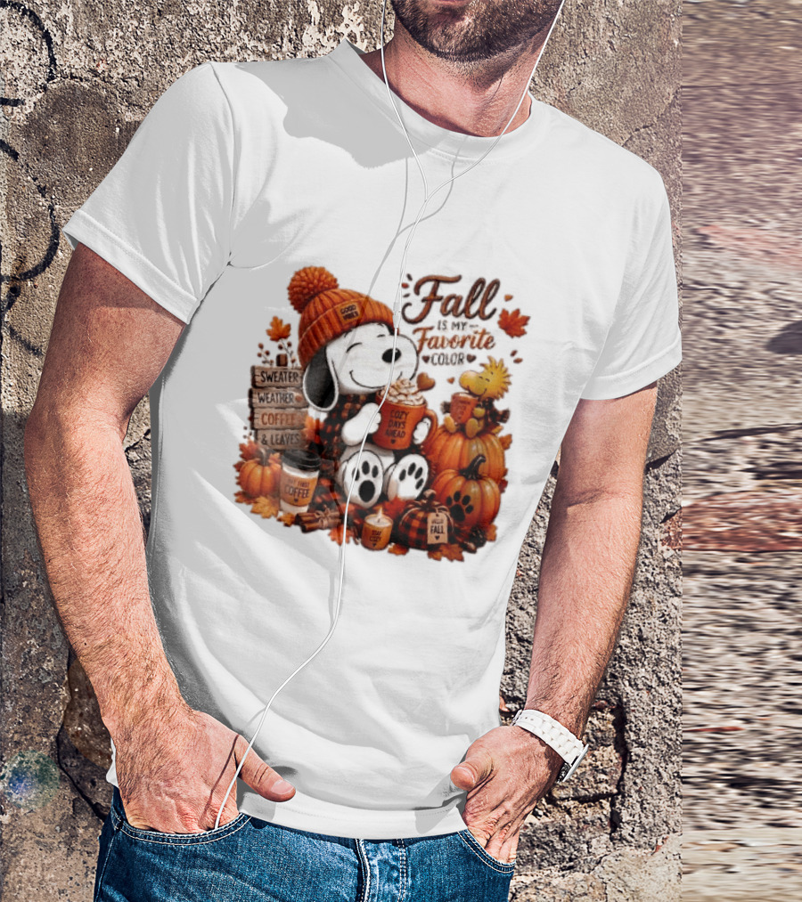 Fall Is My Favorite Color Sweater Weather Coffee Leaves Cozy Days Cartoon Dog Bird Pumpkins T-Shirt
